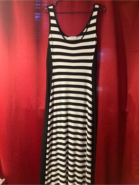 calvin klein black and white long dress Calvin Klein Black White Striped Knit Dress, Retro 60s Bell Sleeves, Size Medium